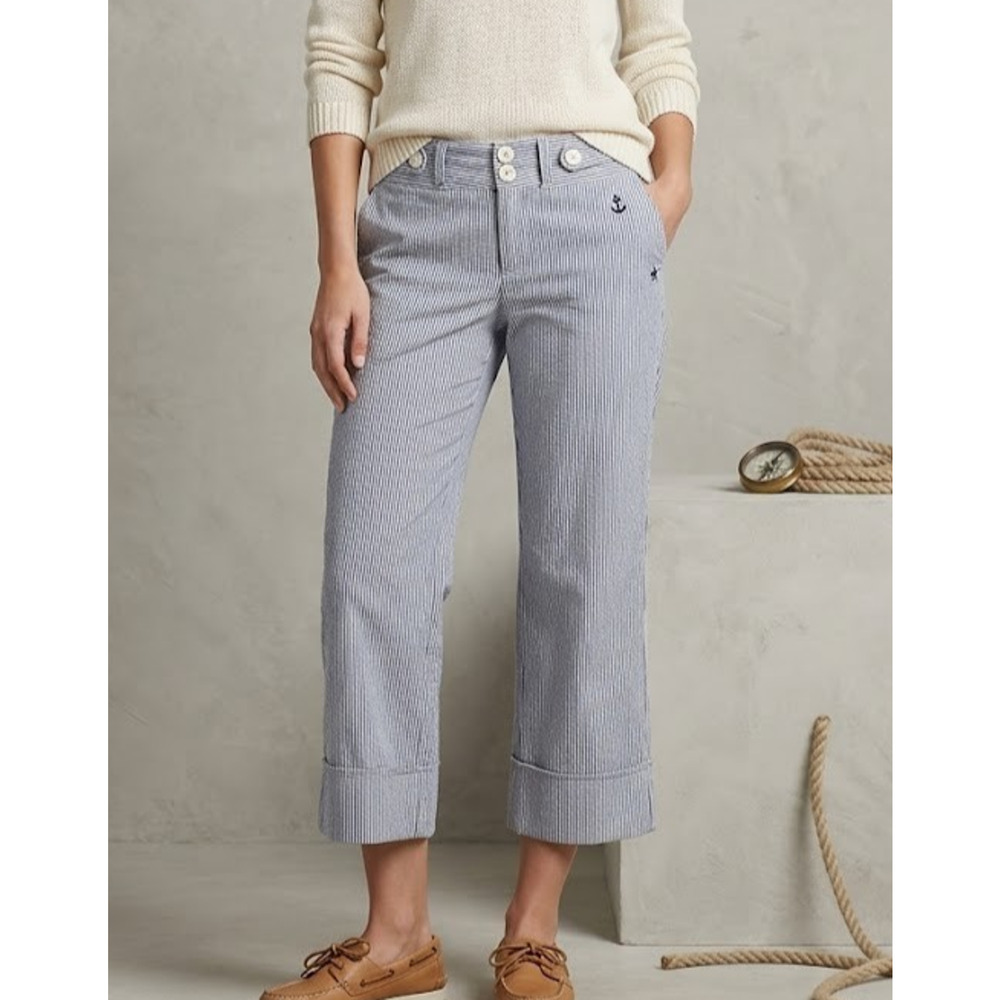 G1 Basic Goods Seersucker Pants Womens 0 Blue White Striped Sailor Wide Leg Crop